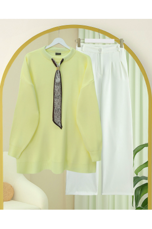 تونيك محبوك كاجوال برقبة دائرية وموشح -أصفر فاتح