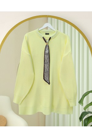 تونيك محبوك كاجوال برقبة دائرية وموشح -أصفر فاتح