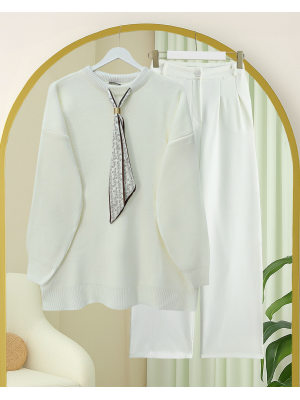 Yuvarlak Yaka Fularlı Salaş Triko Tunik -Ekru