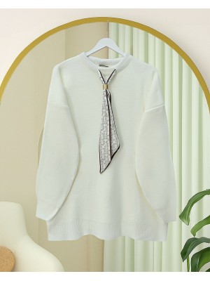 Yuvarlak Yaka Fularlı Salaş Triko Tunik -Ekru