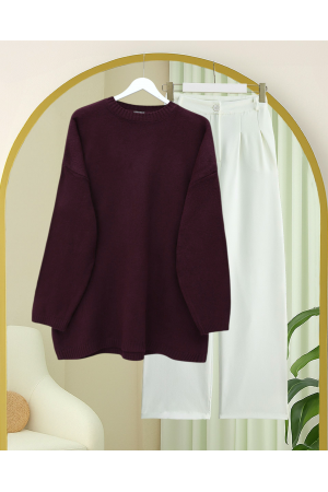 Round  Neck Loose Knit Sweater -Maroon