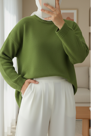 Round  Neck Loose Knit Sweater -PISTACHIO GREEN