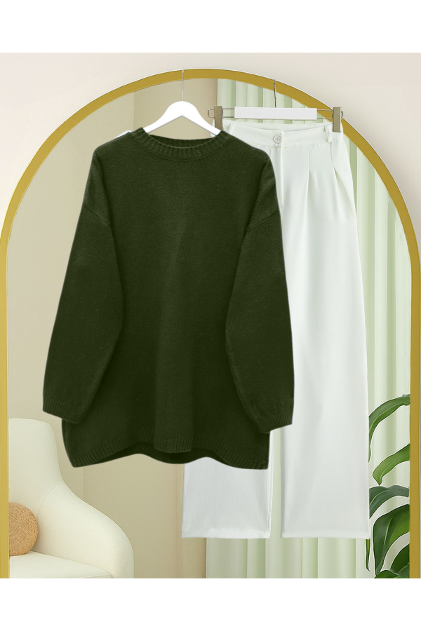 Round  Neck Loose Knit Sweater -Khaki