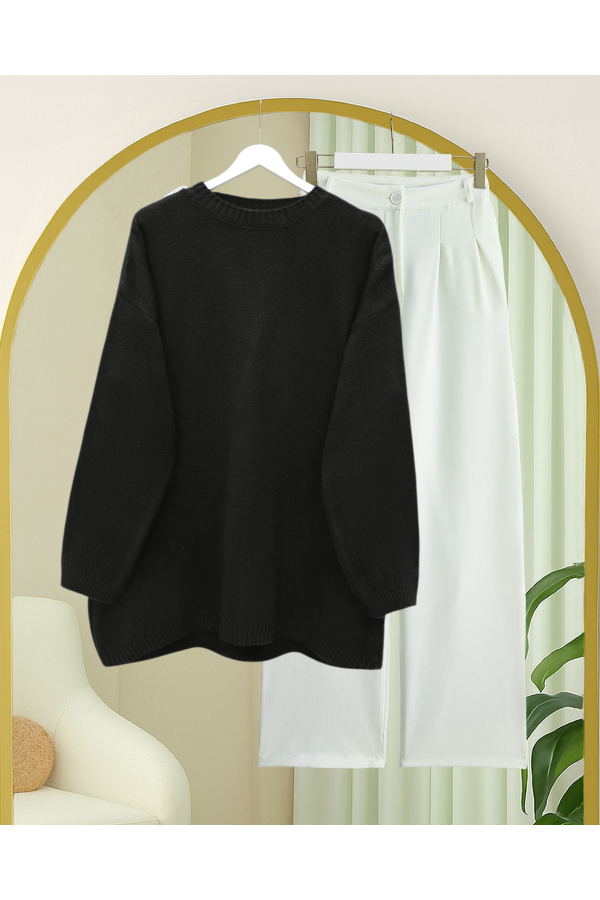 Round  Neck Loose Knit Sweater -Black