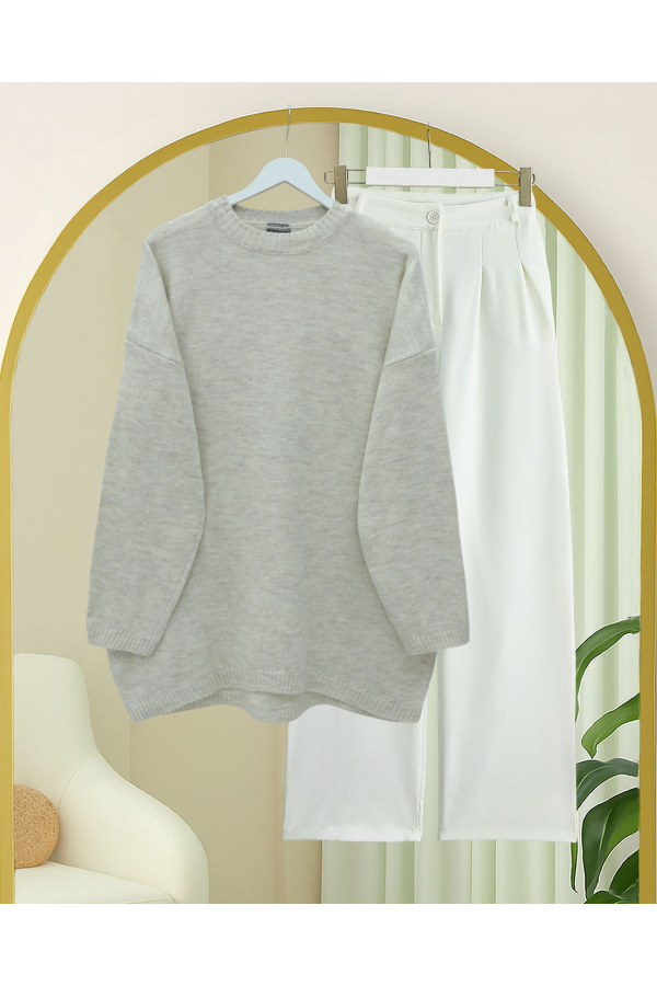 Round  Neck Loose Knit Sweater -Stone