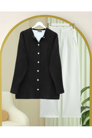 Taşlı Düğmeli Yumoş Salaş Triko Hırka -K. Kahve