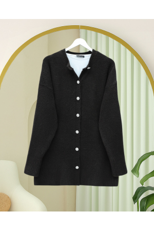 Taşlı Düğmeli Yumoş Salaş Triko Hırka -K. Kahve