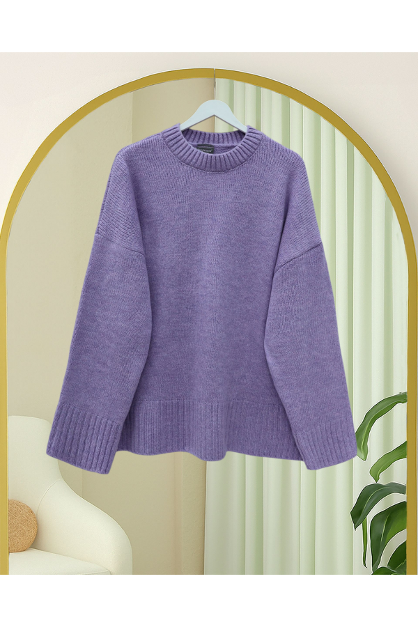 Crew Neck Skirted Ribbed Casual Knitwear Sweater            -Lilac