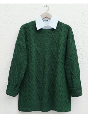 Honeycomb Pattern Loose Knitwear Sweater           -Dark green