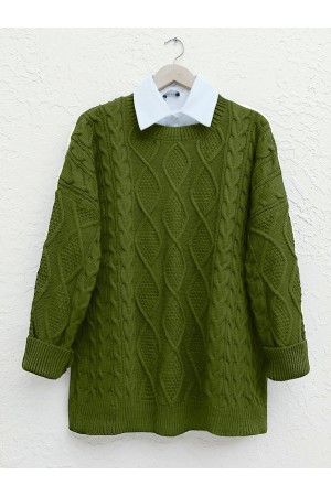 كنزة تريكو فضفاضة بنمط قرص العسل            -الفستق الأخضر