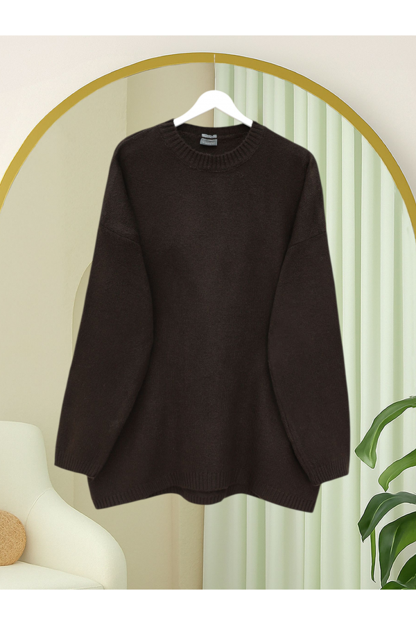 Round  Neck Loose Knit Sweater   -Dark Coffee