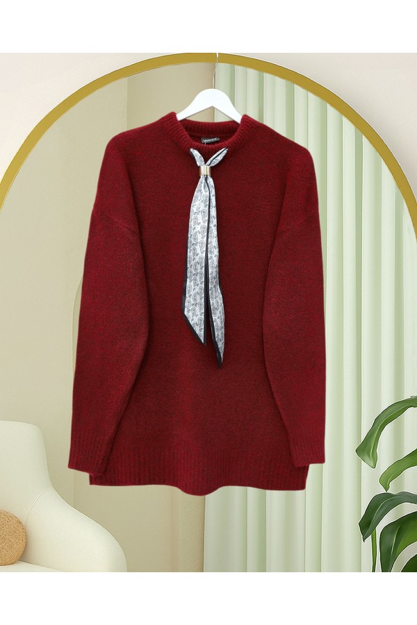 Soft Knitted Sweater with Scarf  -Maroon