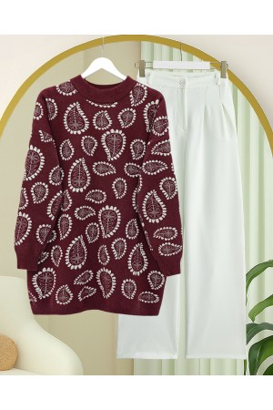 Dik Yaka Damla Desenli Sakallı Salaş Triko Kazak  -Taş