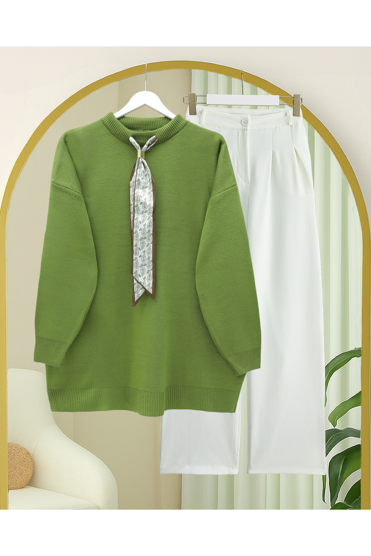 Round Neck Scarfed Casual Knit Tunic  -PISTACHIO GREEN