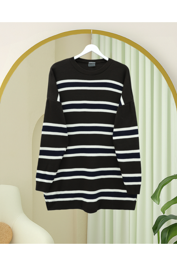 Colorful Striped Loose Knit Tunic  -Dark Coffee