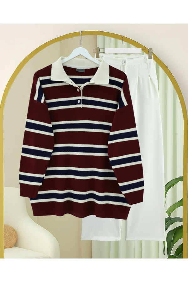 Polo Collar Half-Button Colorful Striped Knit Sweater -Maroon