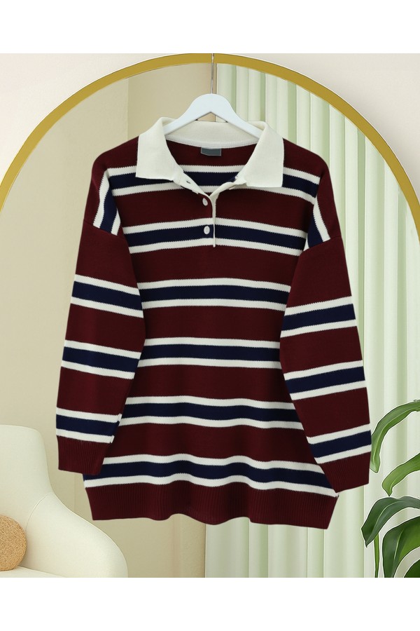 Polo Collar Half-Button Colorful Striped Knit Sweater -Maroon