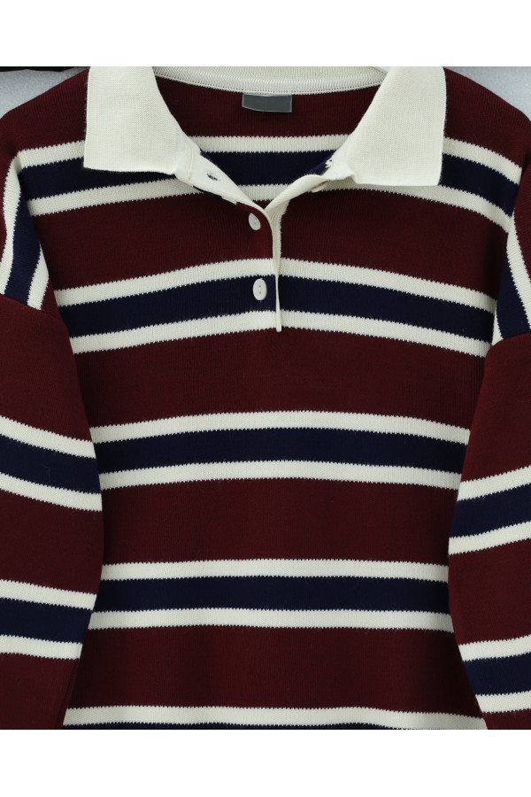 Polo Collar Half-Button Colorful Striped Knit Sweater -Maroon