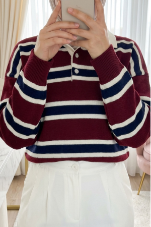 Polo Yaka Yarım Düğmeli Renkli Çizgili Triko Kazak -Bordo