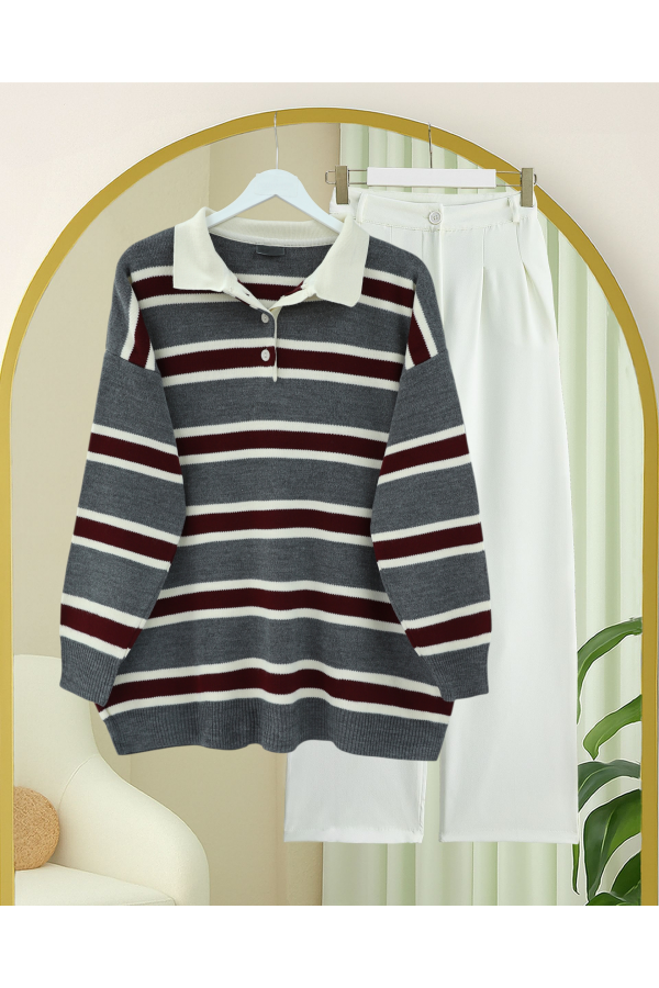 Polo Collar Half-Button Colorful Striped Knit Sweater -Smoked 