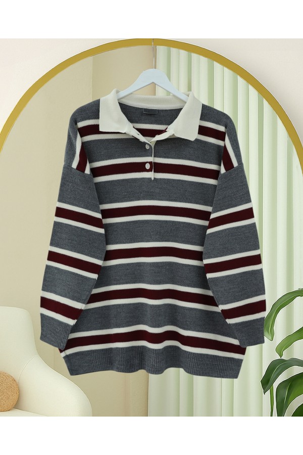Polo Collar Half-Button Colorful Striped Knit Sweater -Smoked 