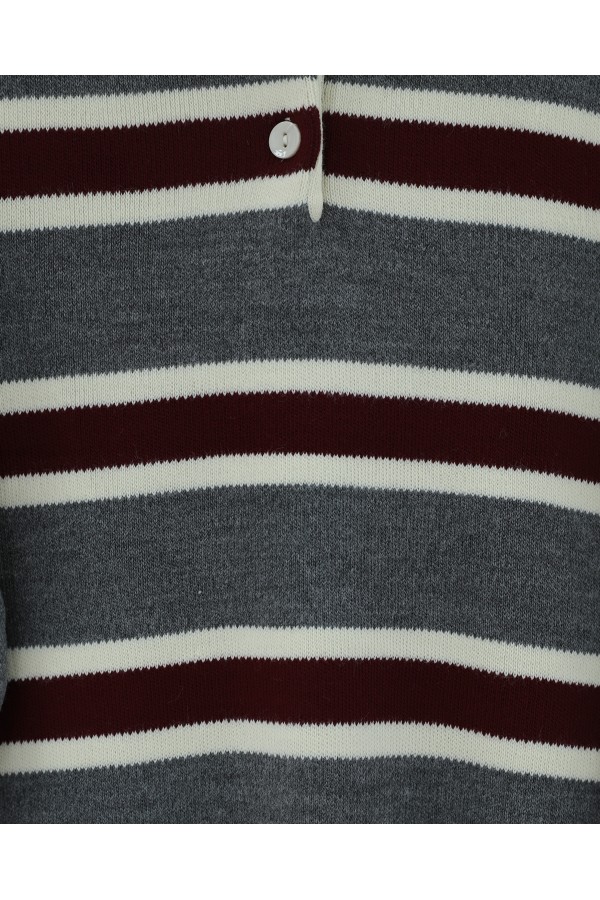 Polo Collar Half-Button Colorful Striped Knit Sweater -Smoked 