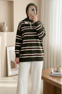 Polo Yaka Yarım Düğmeli Renkli Çizgili Triko Kazak -Haki