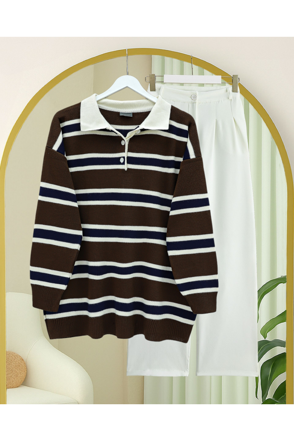 Polo Collar Half-Button Colorful Striped Knit Sweater -Brown