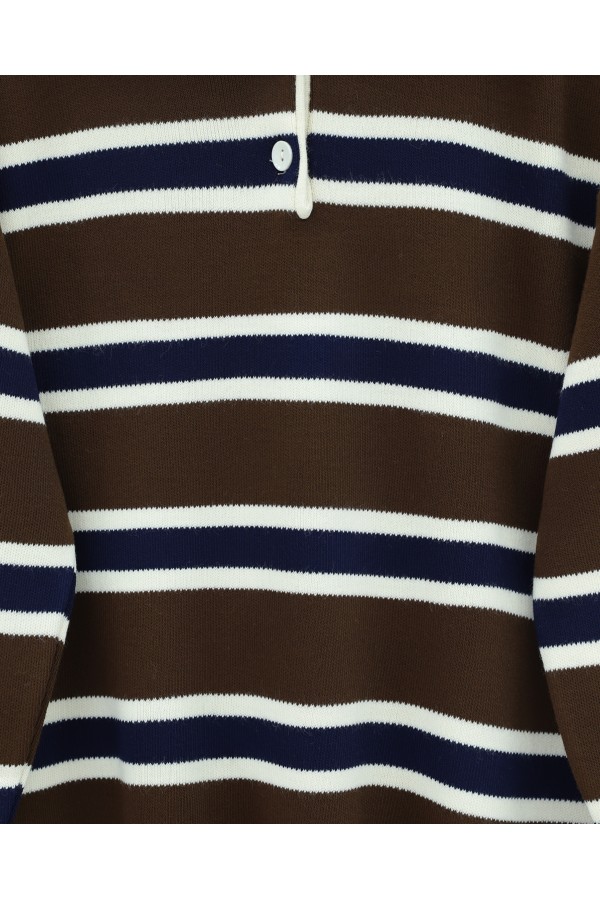 Polo Collar Half-Button Colorful Striped Knit Sweater -Brown