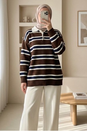Polo Yaka Yarım Düğmeli Renkli Çizgili Triko Kazak -Kahve
