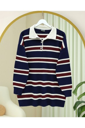 كنزة صوفية مخططة ملونة بياقة بولو ونصف زر -كحلي