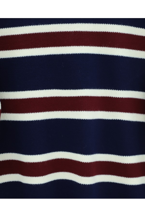 Polo Collar Half-Button Colorful Striped Knit Sweater -Navy blue