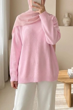 Round  Neck Loose Knit Sweater    -Powder