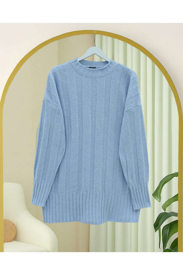 Half-Neck Striped Patterned Soft Knit Sweater -Baby Blue
