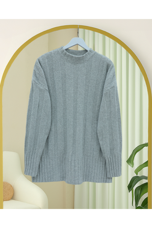 Half-Neck Striped Patterned Soft Knit Sweater -Grey
