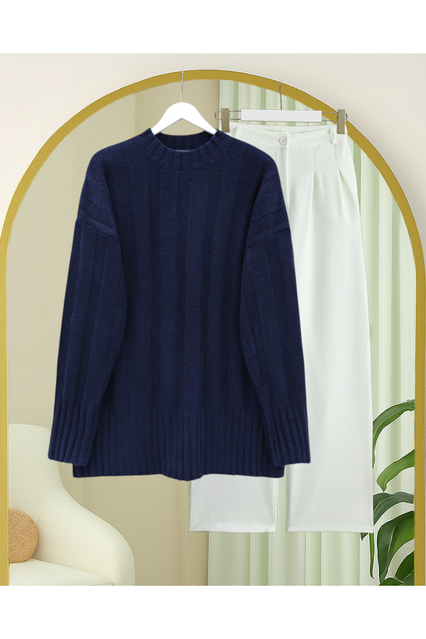 Half-Neck Striped Patterned Soft Knit Sweater -Navy blue