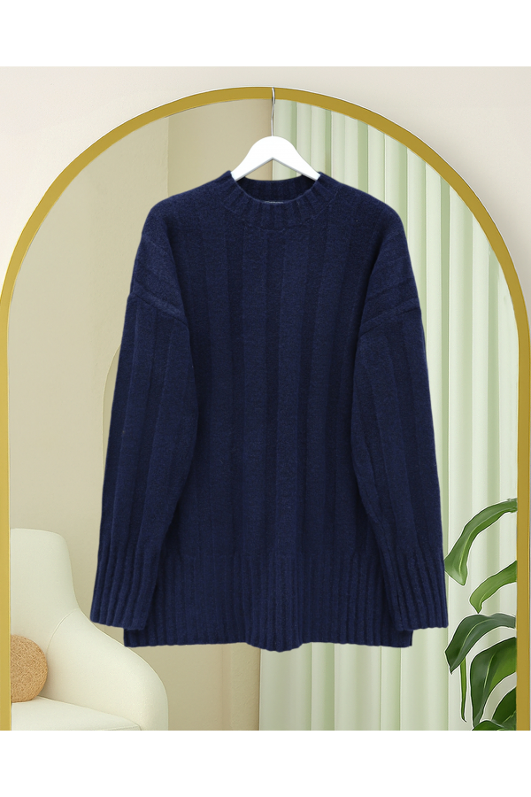 Half-Neck Striped Patterned Soft Knit Sweater -Navy blue