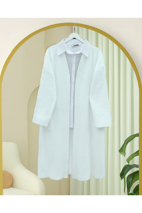 Long, Fluffy Cardigan with Beard -White