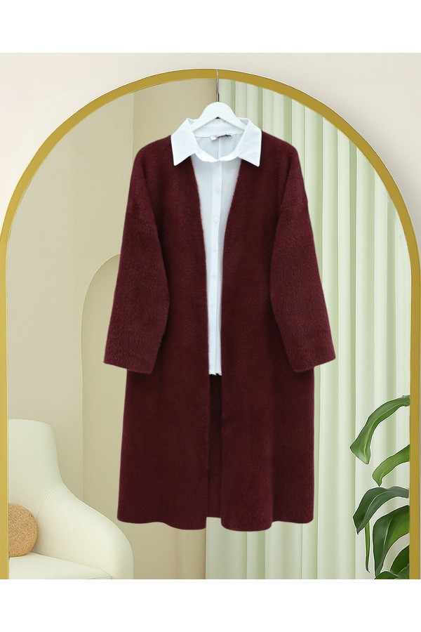 Long, Fluffy Cardigan with Beard -Maroon