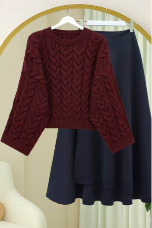 Loose Crop Knit Sweater with Knit Pattern -Maroon
