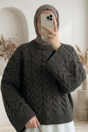 Loose Crop Knit Sweater with Knit Pattern -Dark Coffee