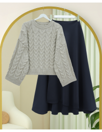 Örgü Desenli Salaş Krop Triko Kazak -Taş