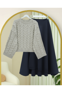 Örgü Desenli Salaş Krop Triko Kazak -Taş