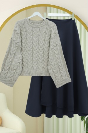 Loose Crop Knit Sweater with Knit Pattern -Stone