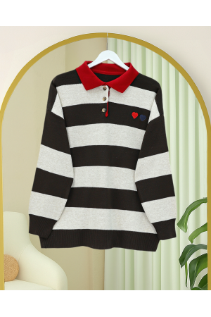 سترة محبوكة بأزرار وياقة قميص مطرزة بقلب -بني محروق