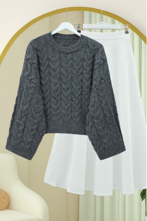 Loose Crop Knit Sweater with Knit Pattern  -Smoked 