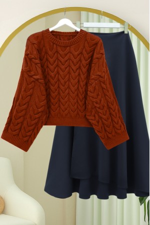 Loose Crop Knit Sweater with Knit Pattern  -Brick color