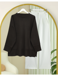 Etek Ucu ve Kol Manşeti Fitilli Yuvarlak Yaka Yırtmaçlı Triko Tunik -K. Kahve