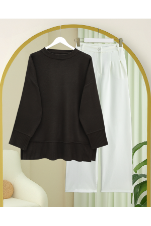 تونيك محبوك بفتحة جانبية وياقة دائرية وحافة وأساور مضلعة -بني محروق