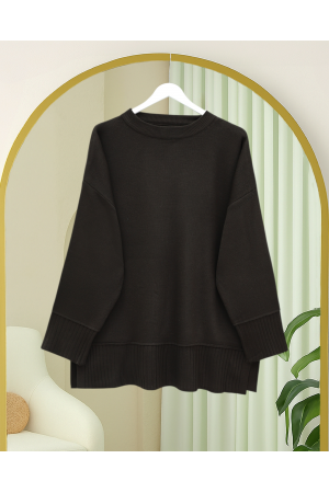 تونيك محبوك بفتحة جانبية وياقة دائرية وحافة وأساور مضلعة -بني محروق